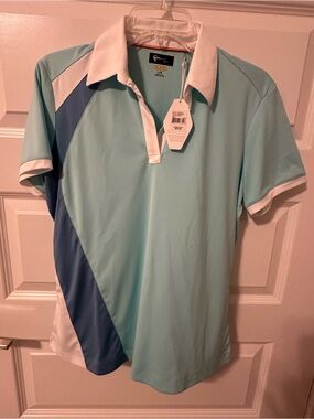 Ladies Greg Norman Collection Aqua & Navy Colorblock Polo with White Trim
